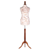 Display Guru Female Uk Size 12/14 Dressmakers Tailors Dummy Mannequin, Brown Flower on Cream Torso Bust With Dark Wood Tripod Stand